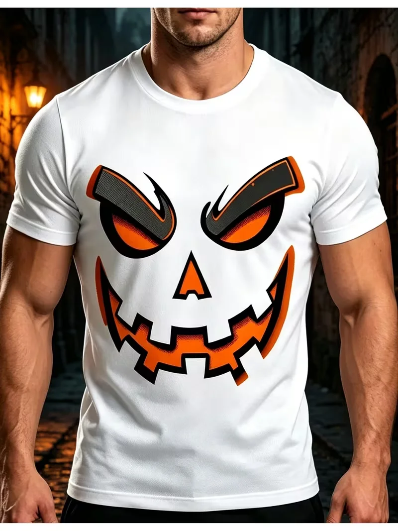 Halloween Costume Printed Design- No Texture Men's Halloween Pumpkin Face Pattern T-Shirt in Black with Orange Eyes, Soft and Breathable, Round Neck, Short Sleeve Top, Thrilling Design, Casual Autumn Gift, Party Apparel