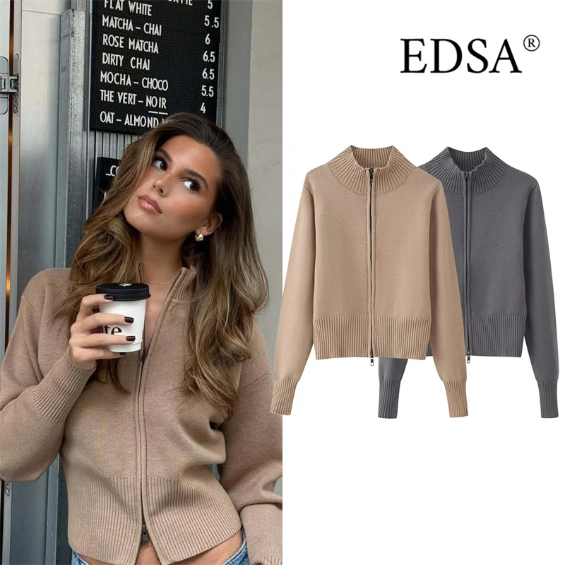 سترة محبوكة بياقة واقفة للسيدات من EDSA وأكمام طويلة وسحاب جانبي سترة صوفية للربيع والخريف #1