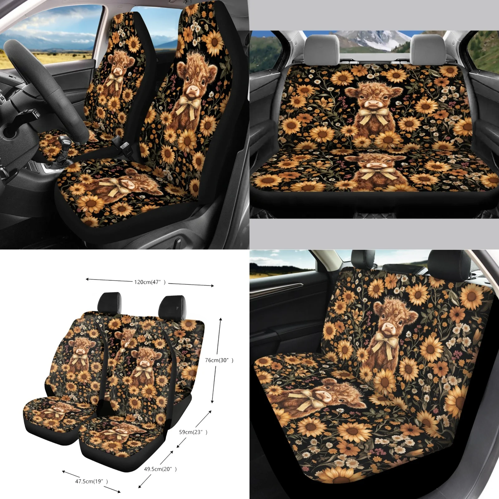 Coloranimal Highland Cow 15 Piece with Utility Car Steering Wheel Cover and Car Coasters for Auto
