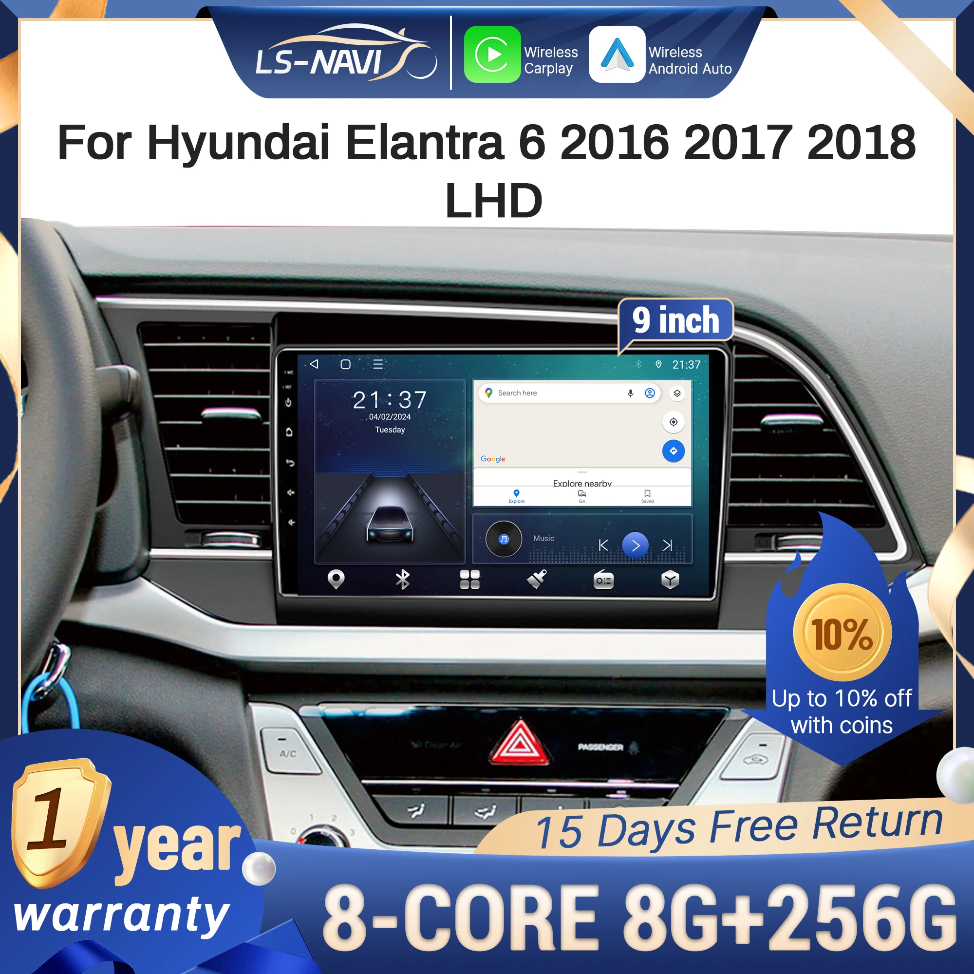 

For Hyundai Elantra 6 2016 2017 2018 LHD Car Radio Multimedia Navigation GPS Wireless CarPlay 4G Touch Screen Head Unit Stereo