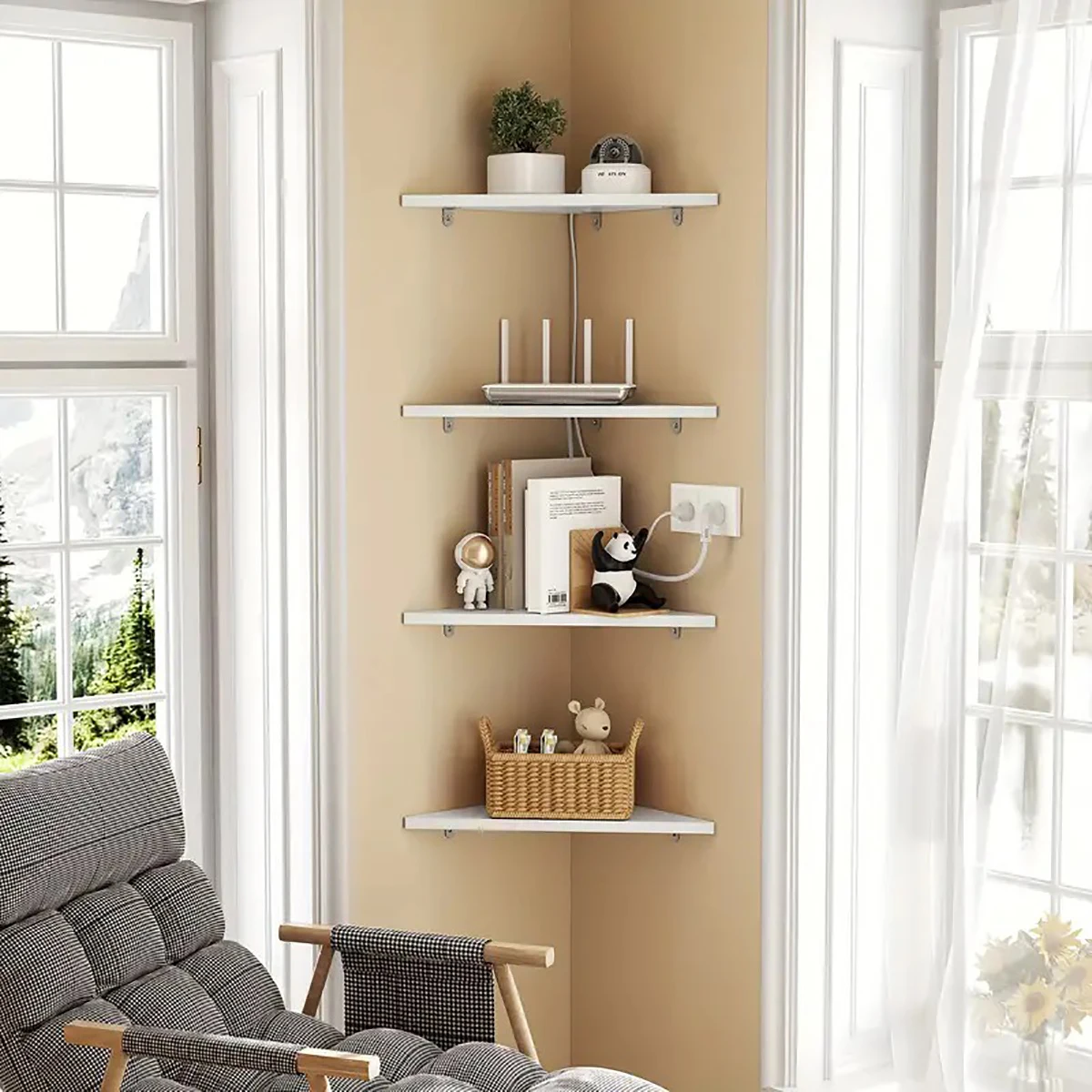 White 4-Tier Triangle Corner Floating Shelves, No Drill Wall Mount Storage Rack, Wall Corner Display Organizer for Bathroom Bedr