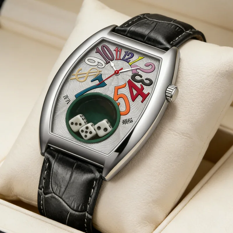 Creative Tonneau Hot Selling Casino Dice Men Quartz Watch Unique Personality Fun Dopamine Dial Design Leather Male Wristwatch