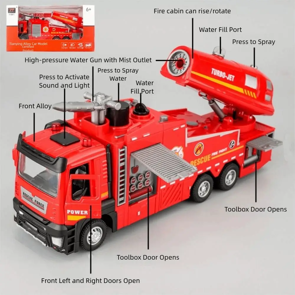 1:32 Scale Fire Truck Model With Sound Light Interactive Toy Fire Engine Cars Pull-Back Function Water Spray Fire Rescue Toy