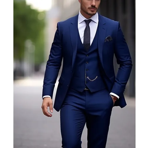 Imagen 2 del producto Trajes de hombre azul oscuro, 3 piezas, moda, solapa de muesca, trajes de un solo pecho, Color sólido, elegante, informal, de negocios, para oficina, boda, esmoquin