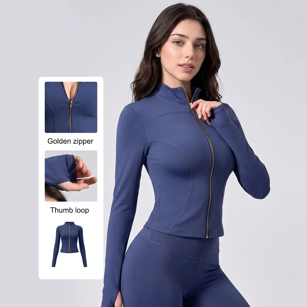 Zip Up Yoga Jacket for Women Slim Fit Workout Athletic Top with Thumb Holes Running Fitness