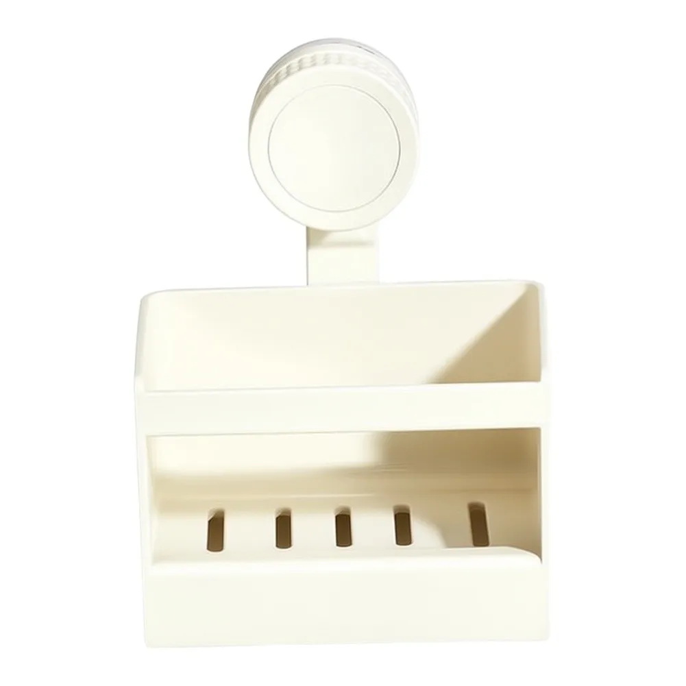 Low-Profile Soap Dish with Secure Suction Cup for Flat Surfaces 19x11.5x13 cm Self-Draining Function Cream White