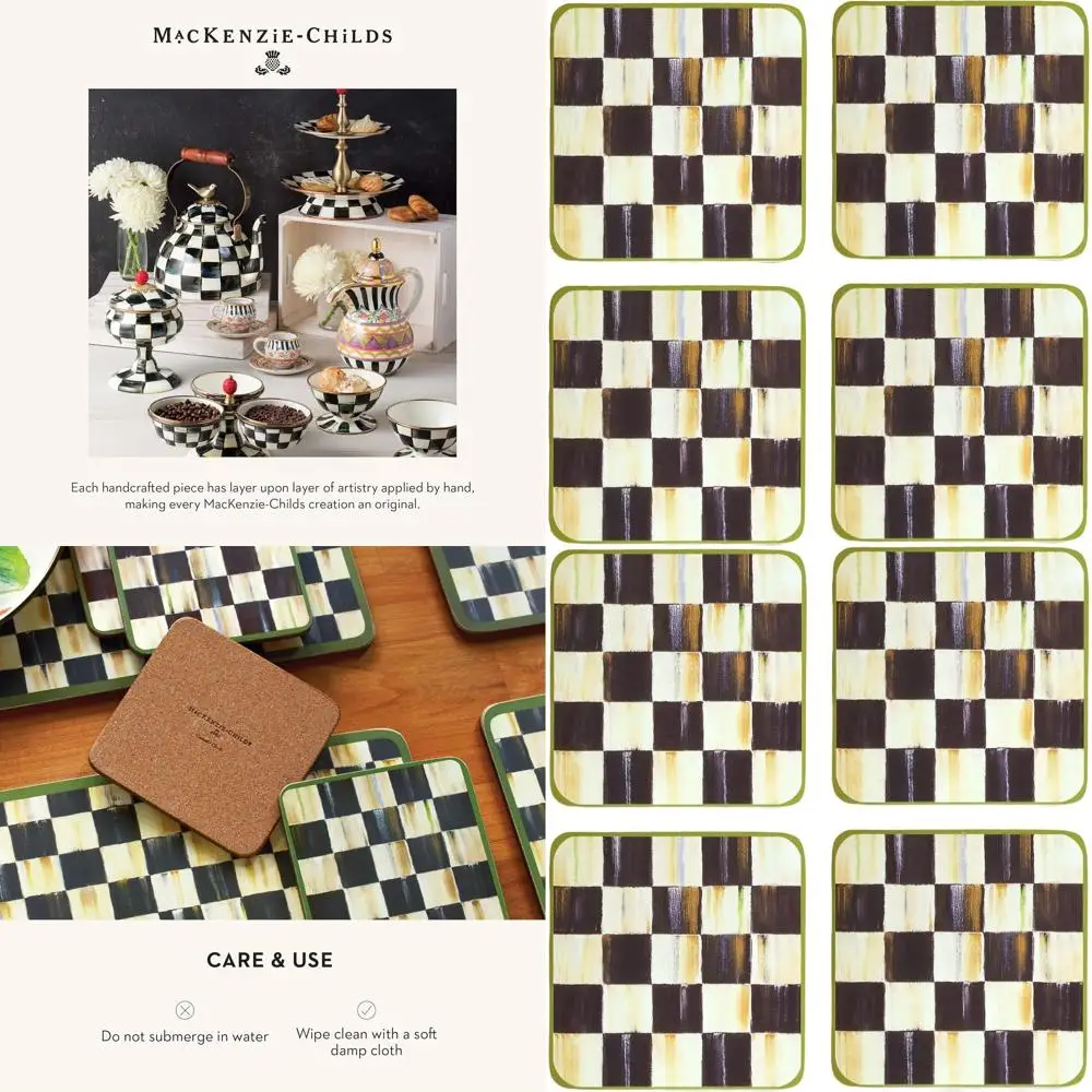 

Set of 4 Black & White Checkered Square Drink Coasters with Cork Backing