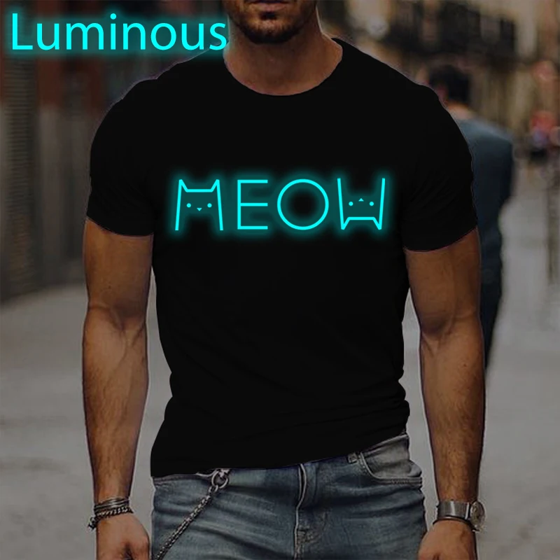 

Fun Cat Print Women Men T Shirt Luminous Glow In The Dark Novelty Male Tee Unisex Short Sleeve Streetwear