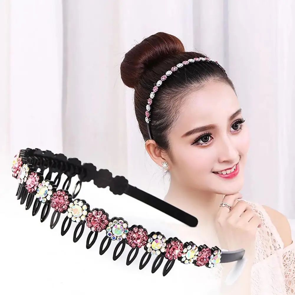 Teeth Comb Non-Slip Hair Hoop Stable Lovely Hair Clasp Shining Rhinestones Flower Decor Girls Headband Hair Accessories 머리띠