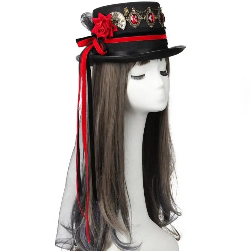 X5XA Steampunk Top Hat with Ribbon Halloween Metal Gear Decor Hat Gothic Cosplay Magician Hat Unisex Jazzs Hat