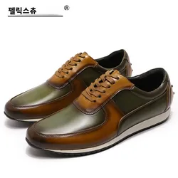 Mens Big Size 5-15 Casual Shoes Genuine Leather Hand Painted Oxford Lace-Up Sneakers Brown/Green Fashion Street Style