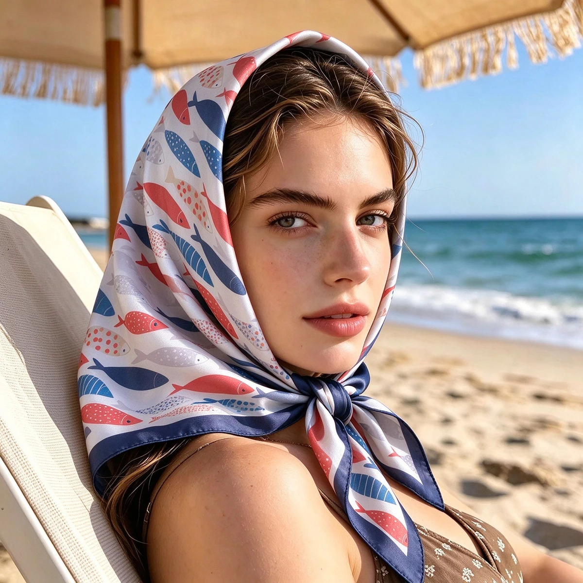 Luxury Brand Square Scarf For Women Bandanas Fish Printed Hijab Elegant Scarves Neckerchief Fashion Beach Shawl Wraps