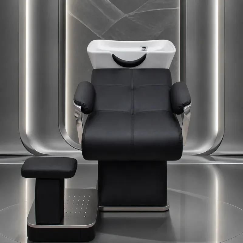 Bohorio Semi Reclining Shampoo Bed with Simple Ceramic Basin for Hairdresser Barber Shop Flush Bed