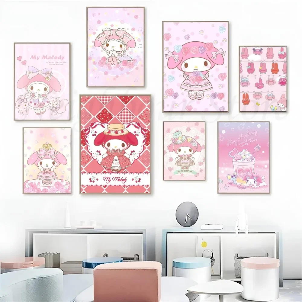 Pegatinas de póster de My Melody de Anime Sanrio Kawaii, murales de pared de arte, decoración de sala de juegos, regalos de pintura Kawaii HD, coches de gato, 1 unidad