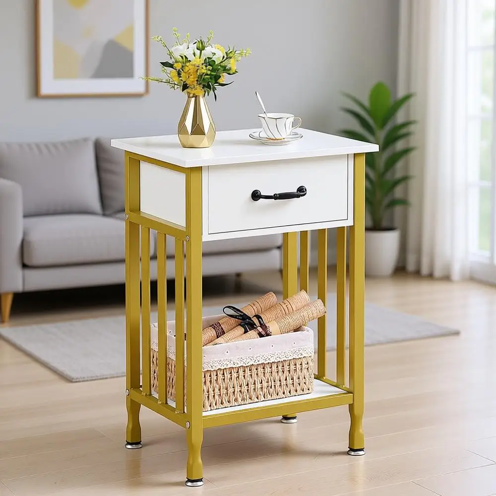 

Прикроватная тумба в индустриальном стиле из металла и дерева с выдвижным ящиком и полкой для хранения, для спальни или гостиной, простая сборка, золотистая отделка