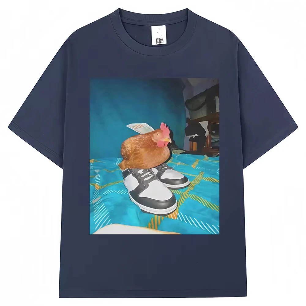 Funny Dripped Out Chicken Meme Print T-shirts Humor Chicken with Shoes Men Women T Shirt Creativity Popular Loose Cotton T-shirt