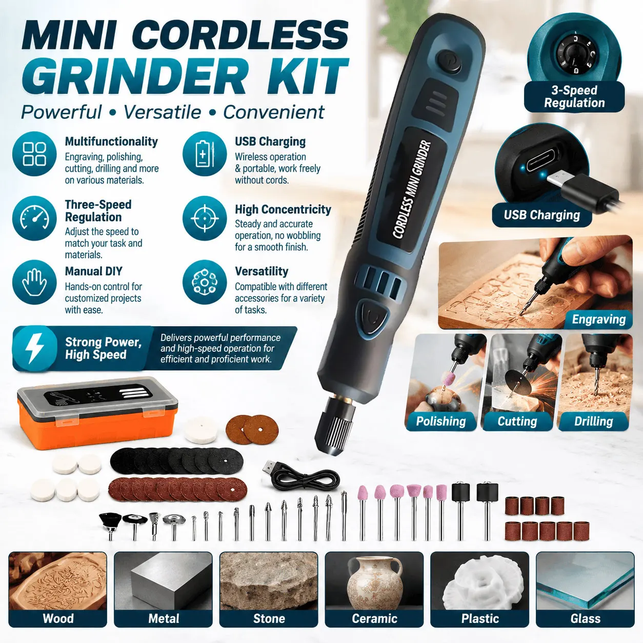 USB Rechargeable Cordless Rotary Engraving Tool Set, Portable Electric Grinder and Polisher with 1/15/50PCS Accessories, Carving Machine for Jade Wood Stone Glass Jewelry Craft DIY Projects, Compact Rotary Power Tool for Home Workshop Use