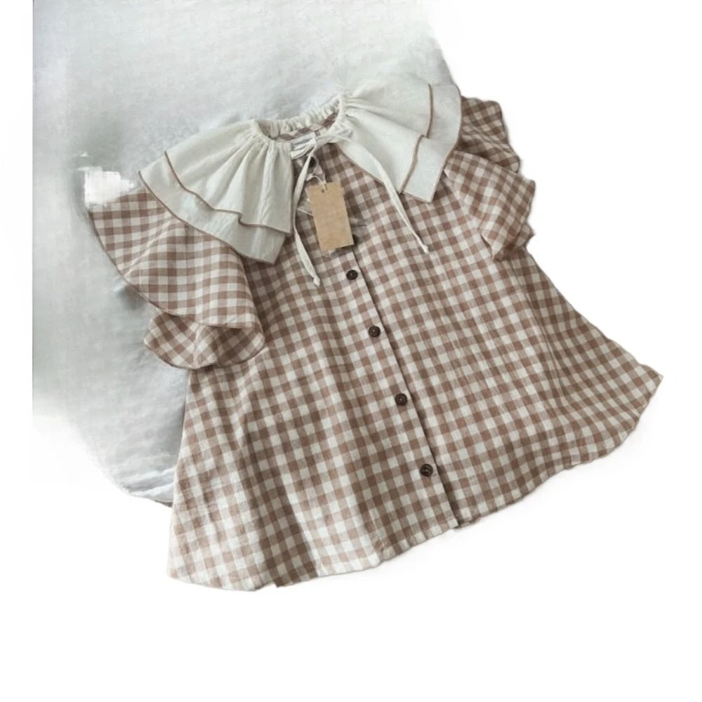 Spring Summer Girls Plaid Cotton Dress Ins Popular Flutter Sleeve Open Front Cardigan  Ruffle Collar JK Style Princess Dress