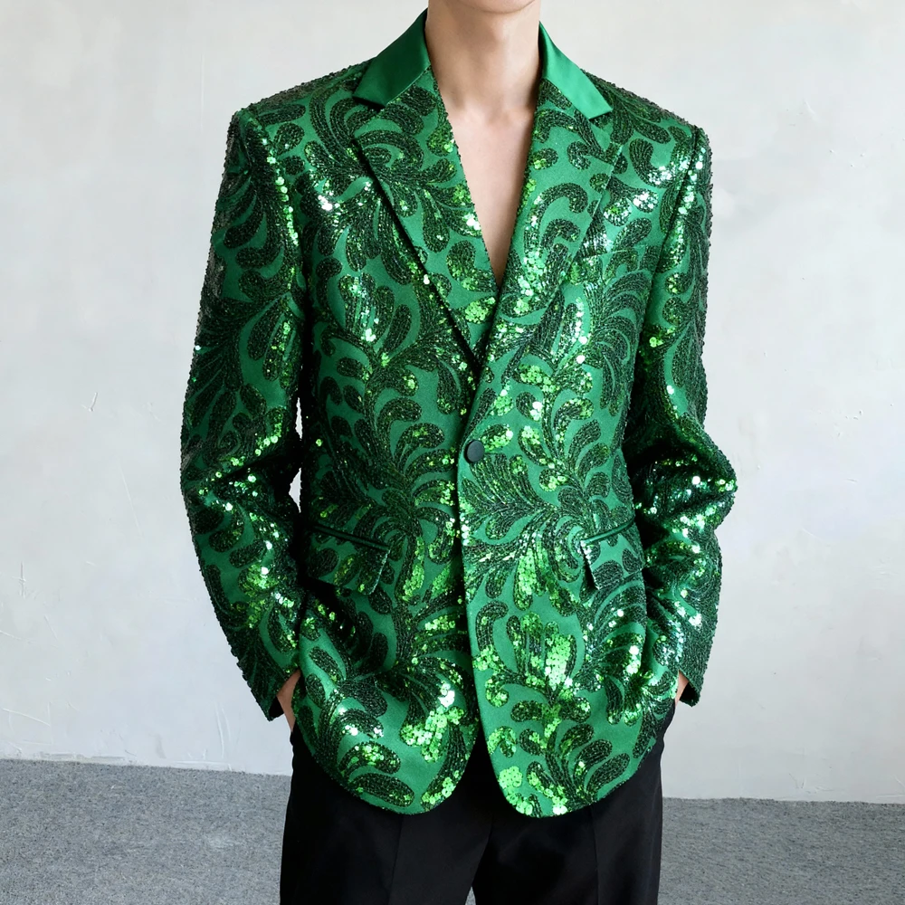

Green Embroidered Sequin Men's Suit Set New Chinese Style Heavyweight Fashionable Casual Streetwear Stage Performance Outfit