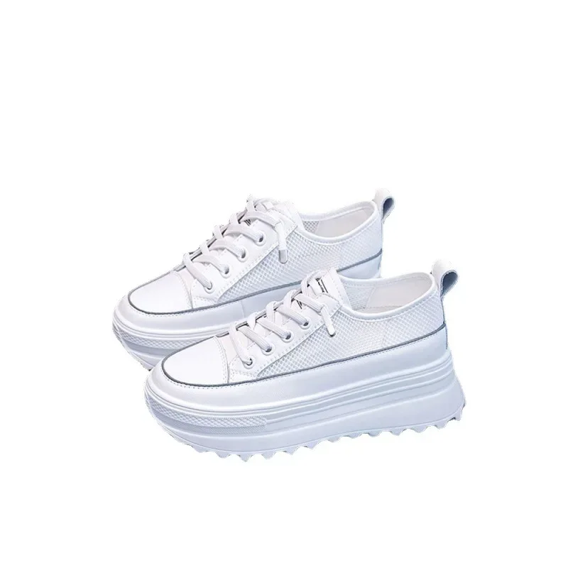 5.5cm Genuine Leather Platform Wedge Shoes Chunky Sneaker White Casual Shoes Comfortable Breathable Spring Autumn Shoes