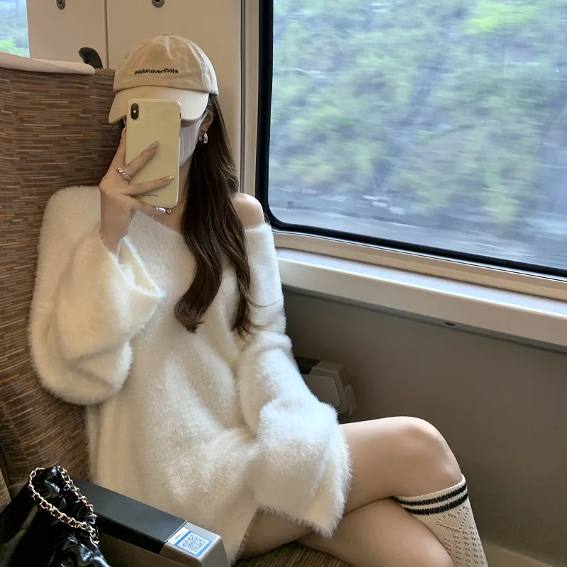 

White Soft Off Shoulder Long Sleeve Sweater Women Knitwear Medium Long Slouchy Loose Top Oversized Pullover Imitation Mink Hair