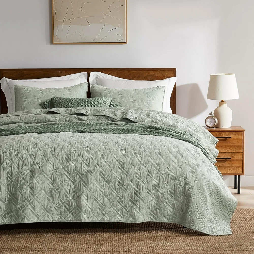 

Cozy Sage Green Cotton Oversized California King Quilt Set with 2 Pillow Shams, Rustic Textured Shabby Chic Style
