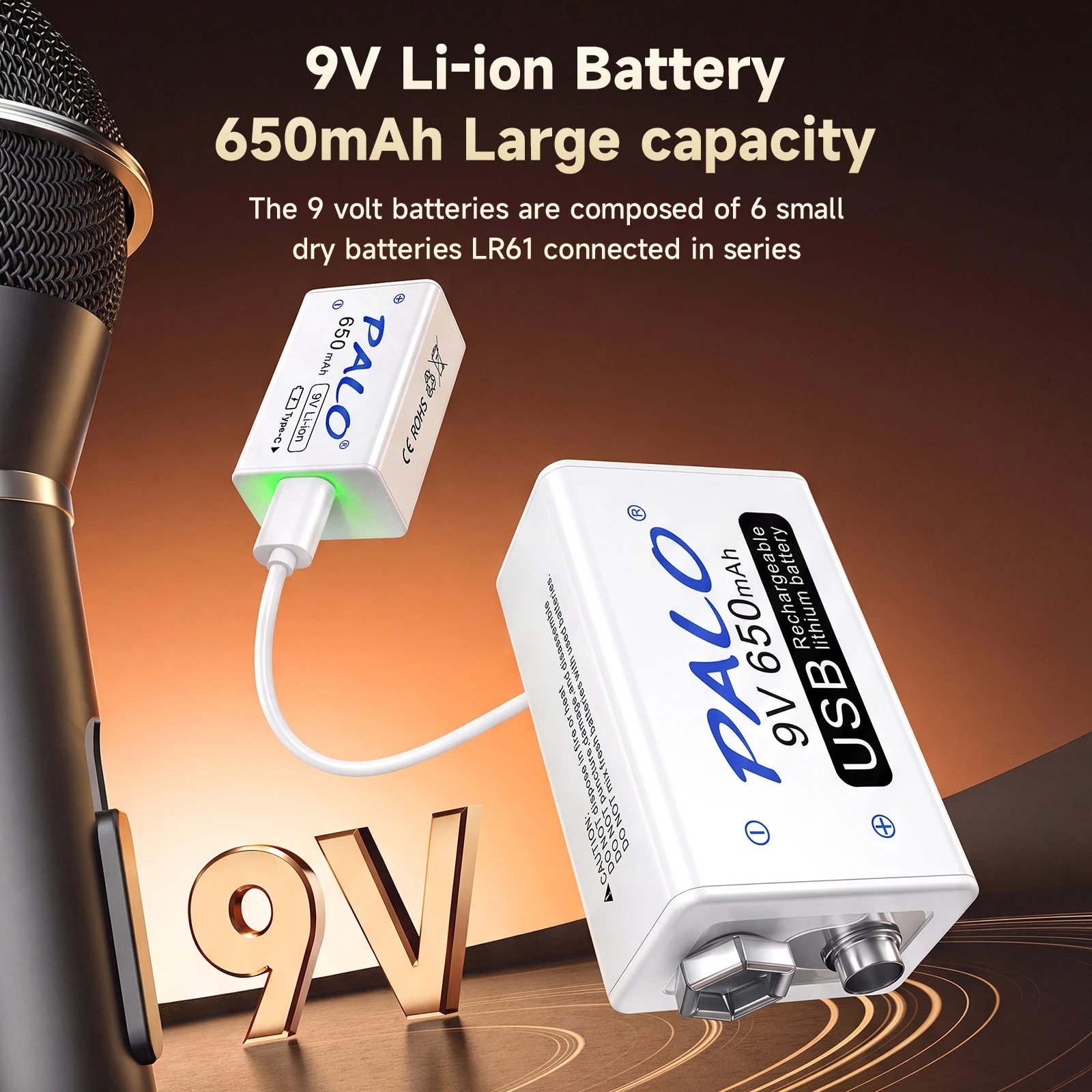 Akumulator PALO 9V 650mAh 6F22 Type-C 9V Li-ion do multimetru, mikrofonu, zabawek, pilota zdalnego sterowania, KTV — zdjęcie produktu 2