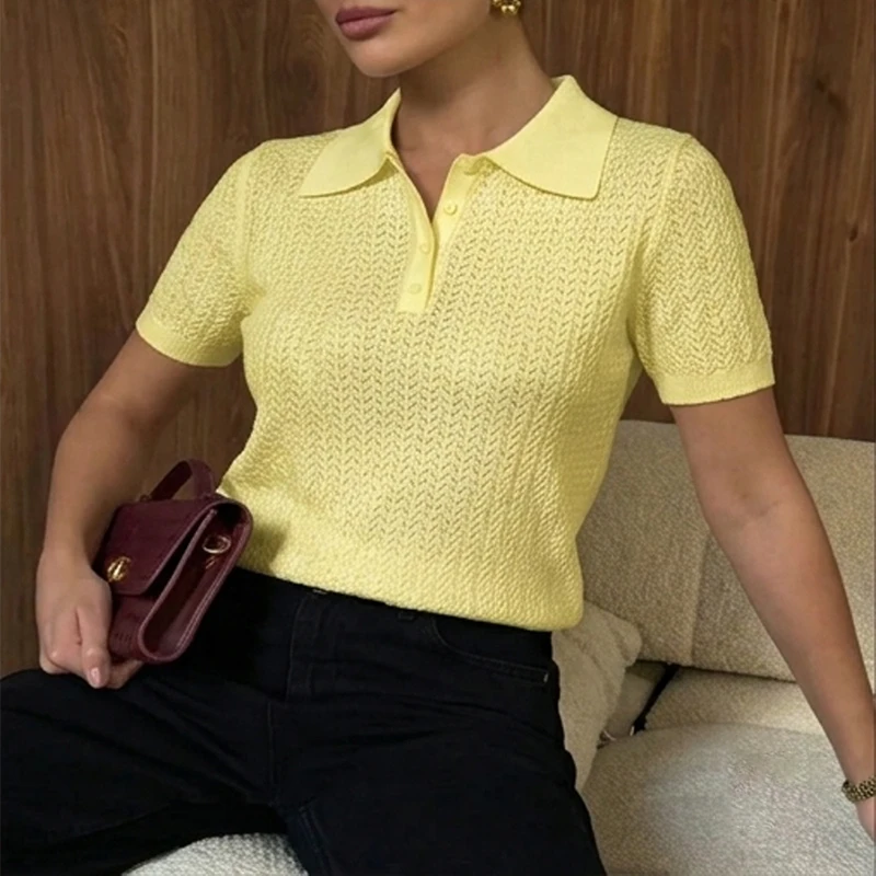 Hollow Knitted T shirt Woman 2026 New Short Sleeve Casual Loose Lapel Ins Hot Tops Lady Sweater T shirt Solid Knit Blouse Summer