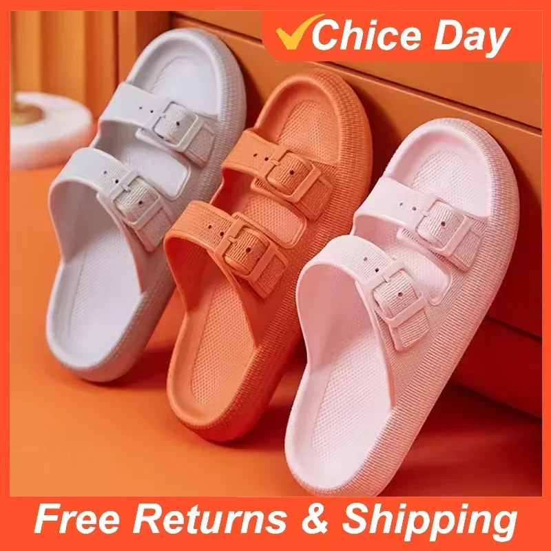 

EVA High Elasticity Soft Thick Heel Double Buckle Sandals Women's Slip-On Beach Slippers Fashionable Comfortable Footwear Amagi
