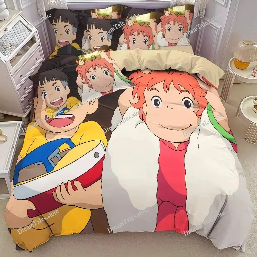 Comic Hayao Miyazaki,Microfibre Bedding Sets, Children's Bed Linen with Zip Ponyo Motif , Room Decor Duvet Cover for  Adult