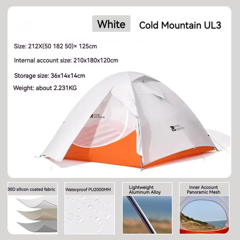 Mobi Garden Mobi Garten Camping ultraleichtes Zelt 1/2/3 Person Wandern schnell öffnen Lagerung wasserdichtes Zelt für Trekking Wandern kalten Berg ul 7