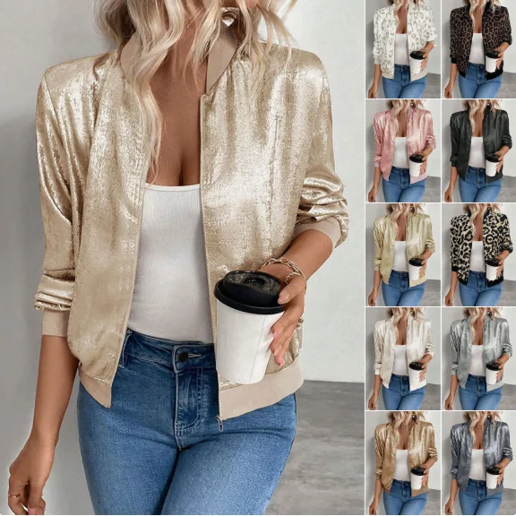 

Plus sizeGlitter Zipper Women Bomber Jacket, Lightweight Long Sleeve Zip Up Coat, Fashion Elegant Party Outerwear