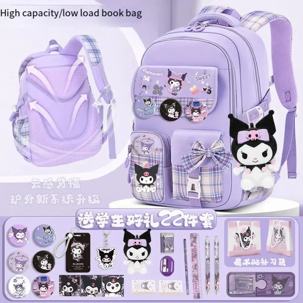 Sanrio Cinnamoroll Mochila Dos Desenhos Animados, Kuromi Bag, Redução de Fardos, Leve, Alta Capacidade, Crianças Mochila, Material Escolar