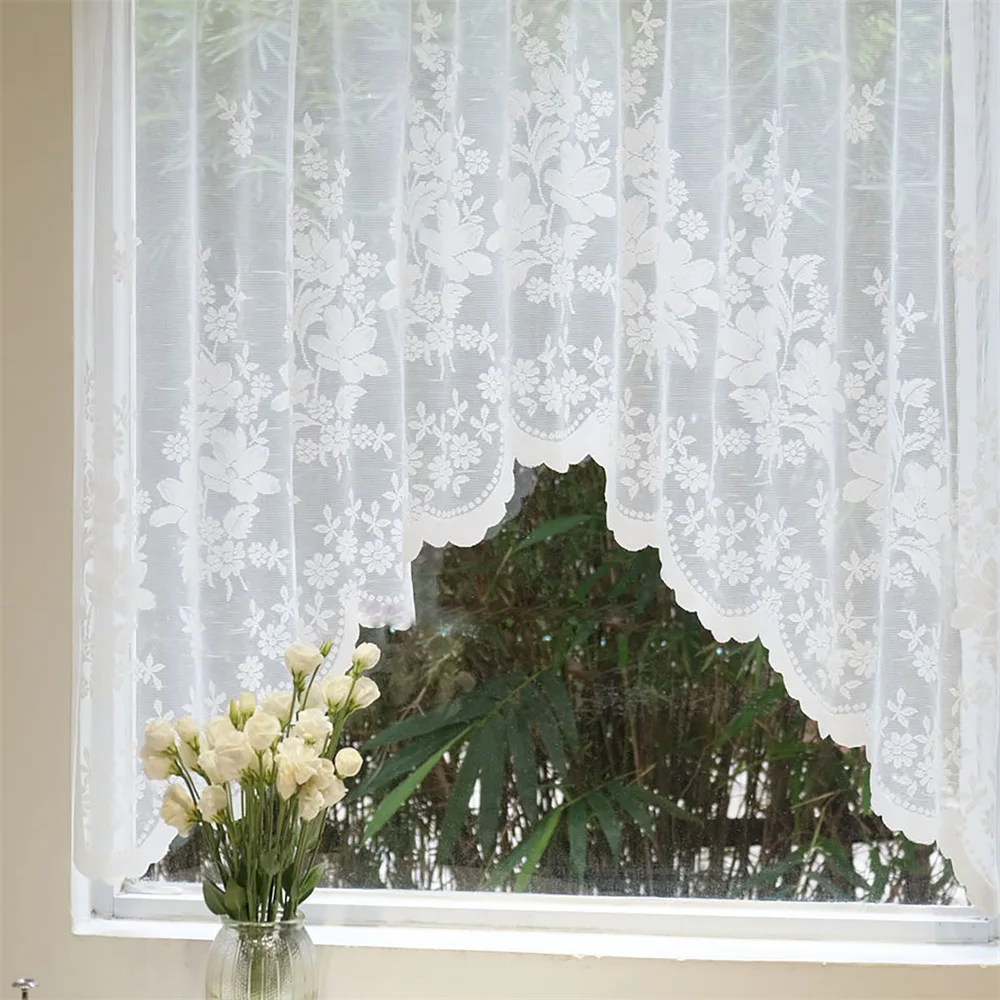 White Sheer Lace Jacquard Flowers Short Valance Curtains for Kitchen Doorway Rod Pocket Top Small Window Drapery Home Decor