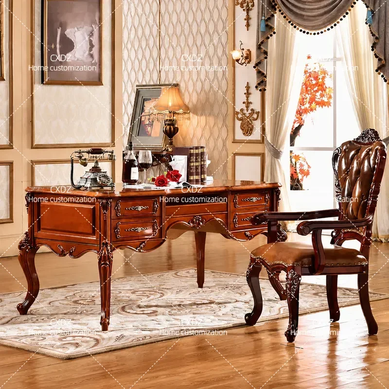 European solid wood desk, desk, home desk, writing table, computer, American chair combination, luxury high-end study