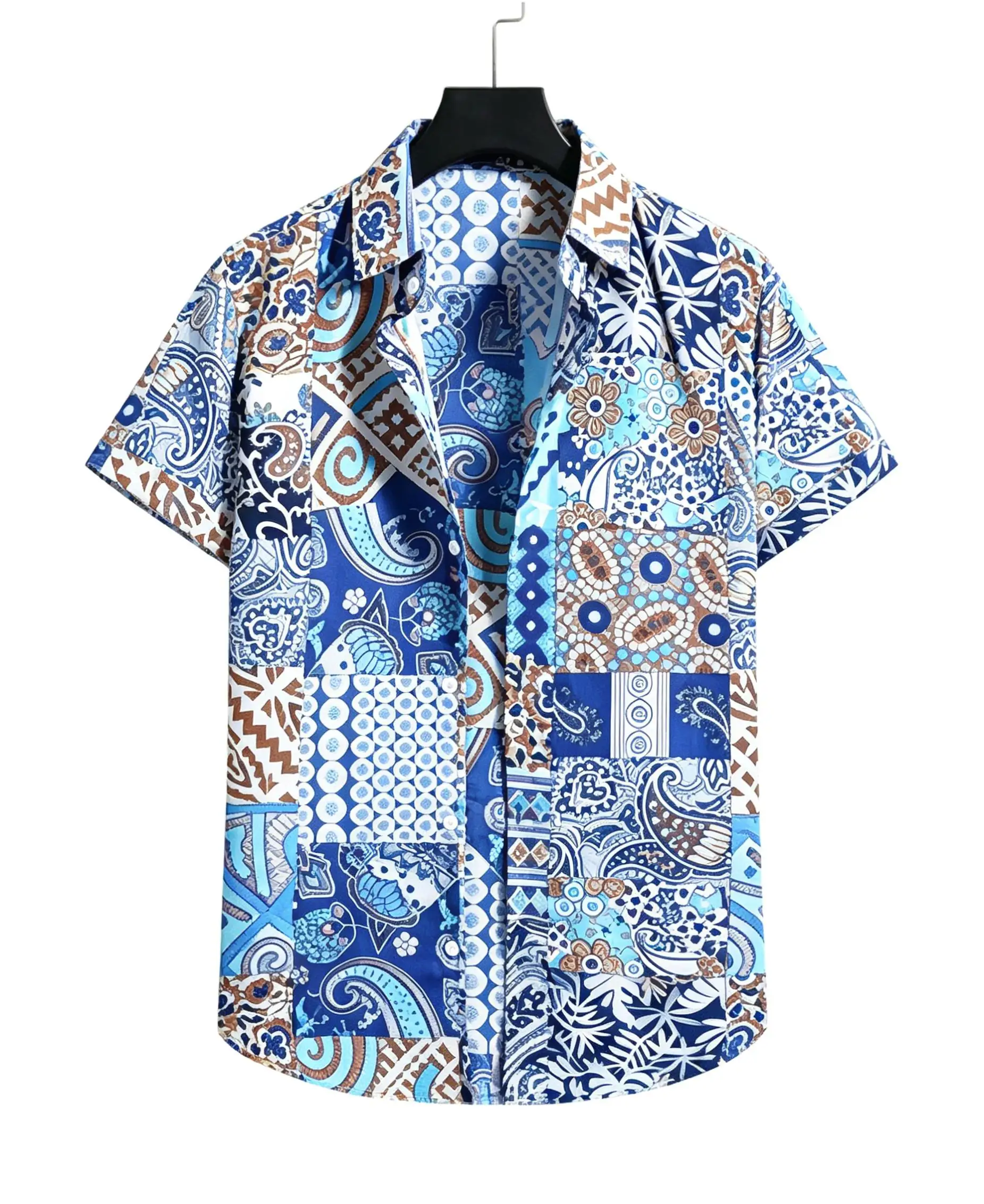 

Men's Spring Summer Lapel Shirt, Blue Paisley Patchwork Print Casual Tops For Daily Vacation Outfit