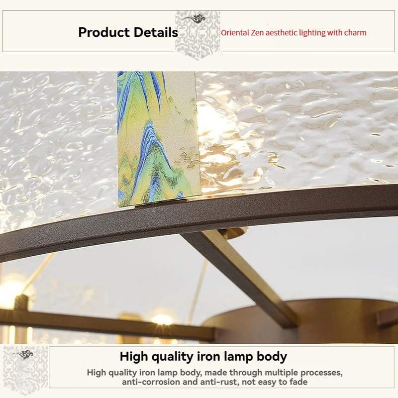 Modern Chinese Style Pendant Light For Dining Room Kitchen Table Round Coffee Color Hanging Lamp With Enamel Art Acrylic Shade
