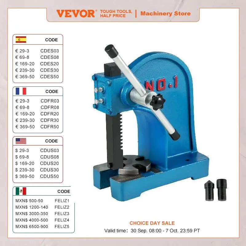 VEVOR Arbor Press 1 Ton 3 Ton Manual Leverage Mountable Bearings Cast Iron for Riveting, Squeezing, Punching, Bending, Pressing