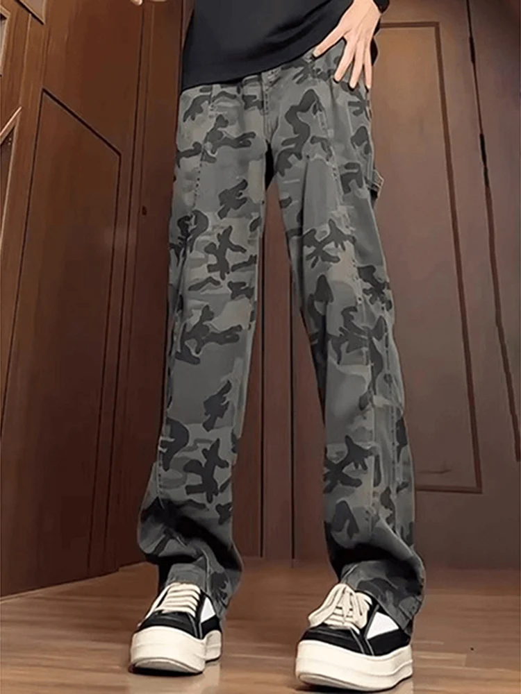 

Винтажные мужские джинсы Bell Bot с высокой талией, камуфляжная рабочая одежда в американском стиле, брюки в стиле хип-хоп, прямые длинные брюки