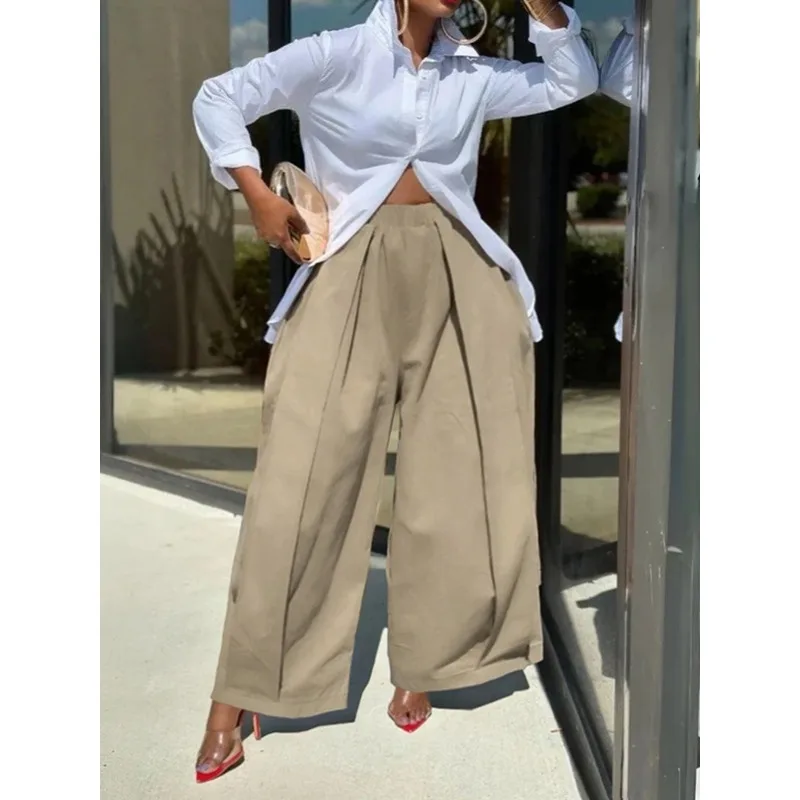 

Krisnanas Office Workwear Khaki Pants for Woman 2025 Pleated Elastic Waist Wide Casual Full-length Trousers Bottoms 187828