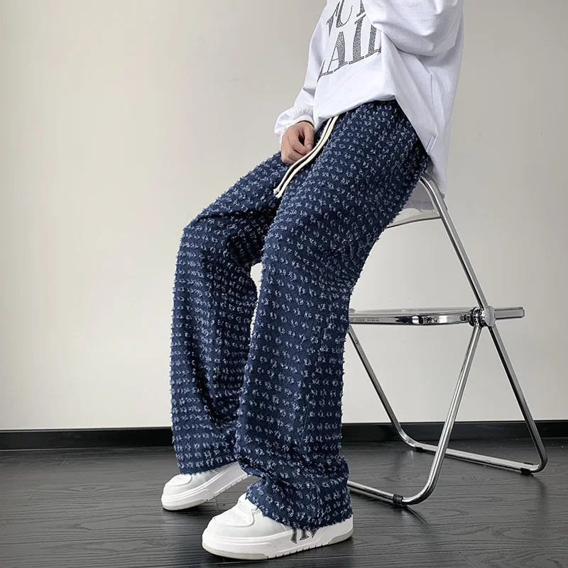 Apricot Black Plaid Pants Men Fashion Retro Hollow Out Pants Men Streetwear Hip-hop Loose Hole Straight Pants Mens Trousers