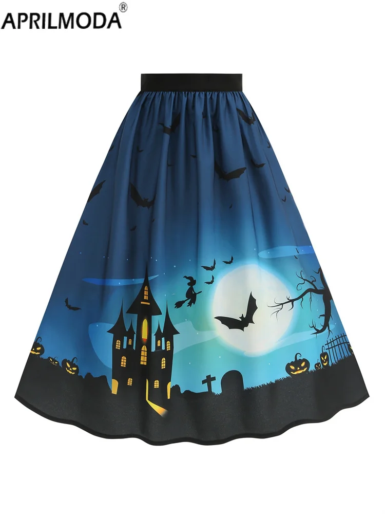 

Women's Halloween Midi Long A Line Swing Skirt Elastic High Waist Patchwork Retro Vintage Casual Party Runway Holiday Skirts 50s