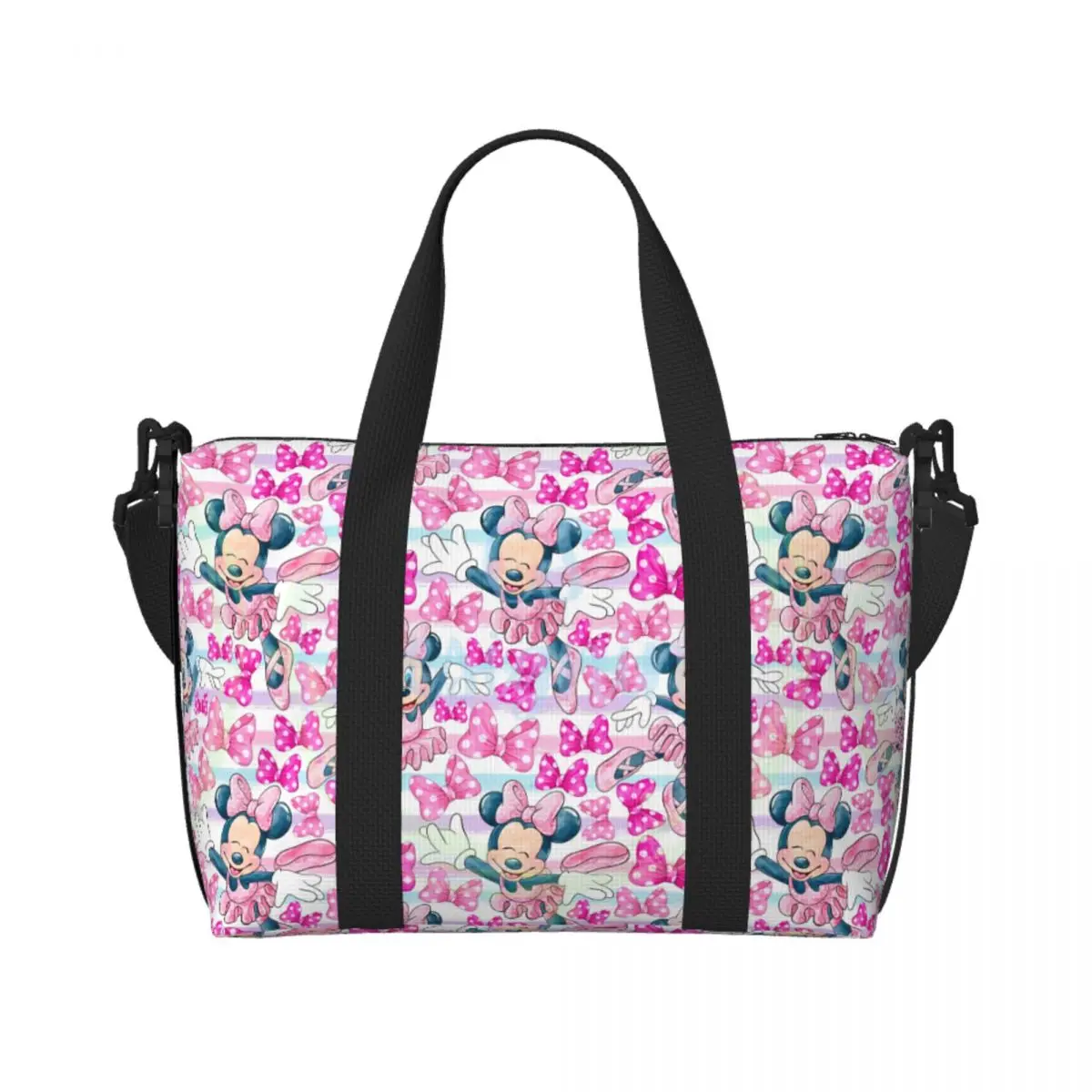 

Custom Minnie Anime Mickey Mouse Cartoon Pattern Beach Tote Bag for Women Extra Large Gym Carry On Travel Shopping Bags