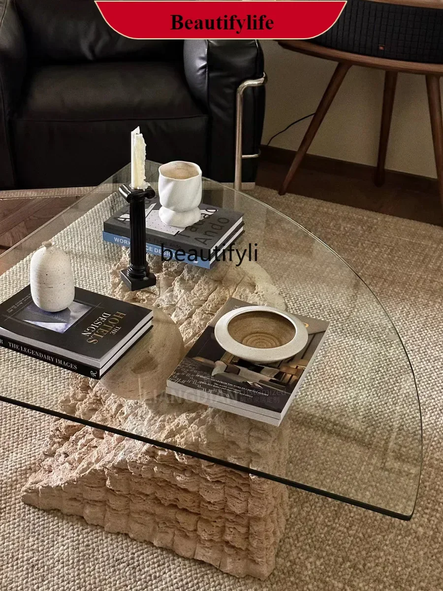 

G1218 Wabi Sand Wind Natural Travertine Coffee Table Living Room Broken Effect Tea Table Triangular Tempered Glass Coffee Table