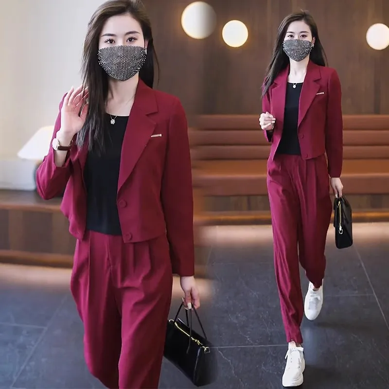 

Woman's Autumn and Winter Retro Casual Short Blazer Coats Harun Pants Suit Commuter Solid Color Loose Suit Pants Two-piece Set