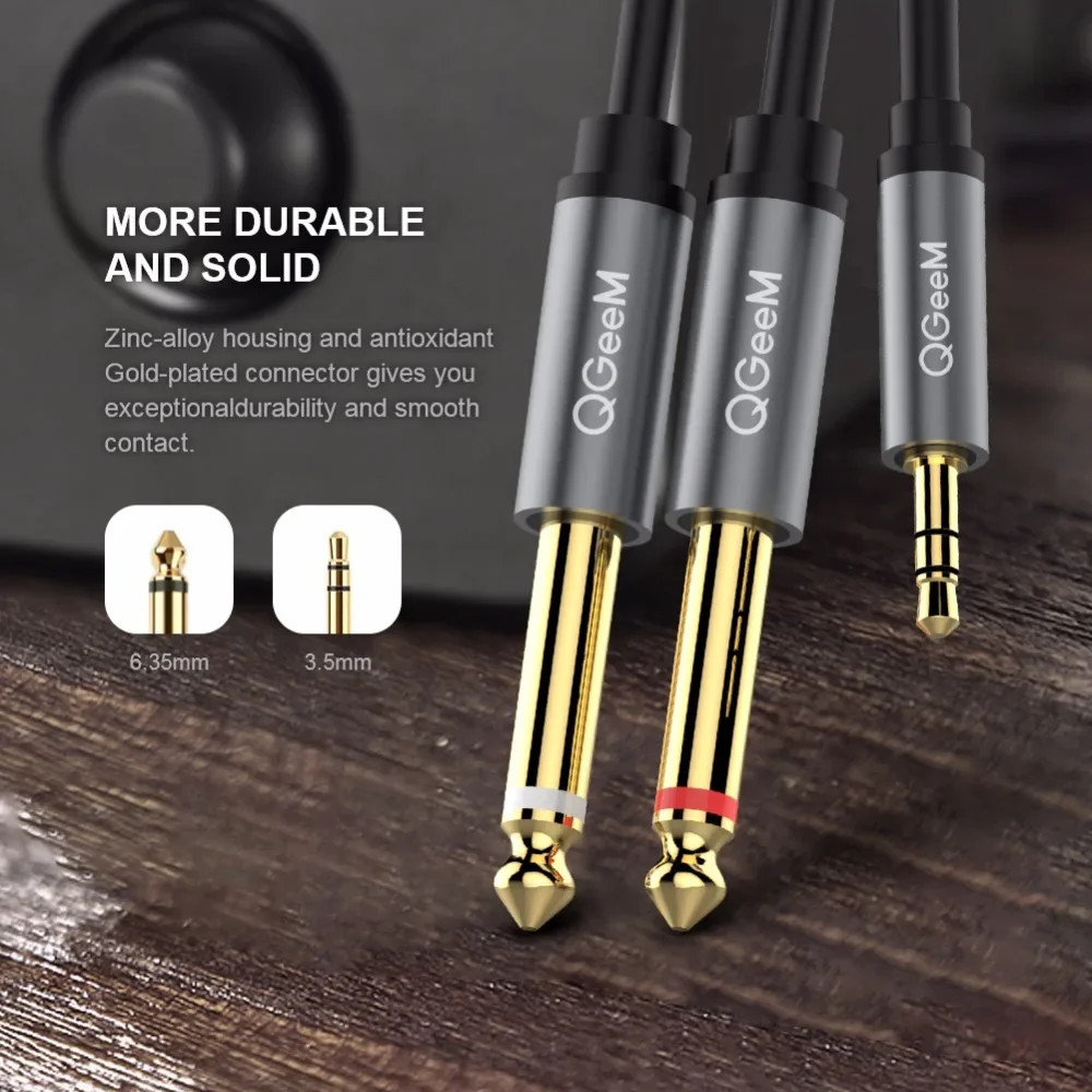 QGeeM Jack 3.5mm to 6.35mm*2 Adapter Audio Cable for Mixer Amplifier Speaker Gold Plated 6.5mm 3.5 Jack  Splitter Audio Cable