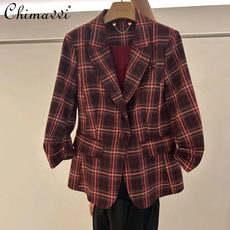 

2024 Autumn New Korean Version Fashion Plaid Design Sense Niche Temperament Blazer Top For Women