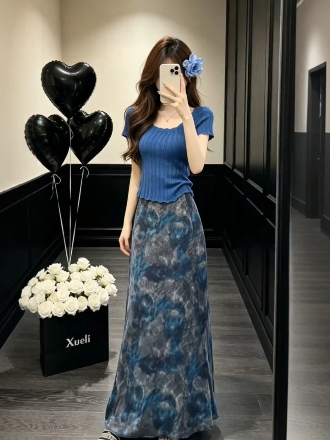 

Summer Elegant Style Women's Slim Fit Floral Print Top And High Waist Skirt Two Piece Set Vacation Island Theme Casual Wear