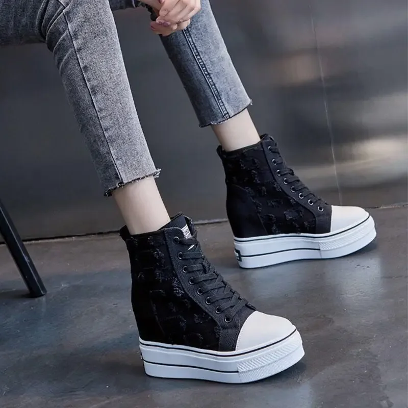 Inner Increase White Shoes Women 2024 New High-top Canvas Shoes Women Hollow Breathable Casual Thick-soled Women\'s Sneaker Shoes