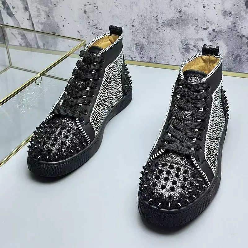 

England style men casual rivets boots brand designer rhinestone shoes punk hip hop dress flats platform boot spikes ankle botas